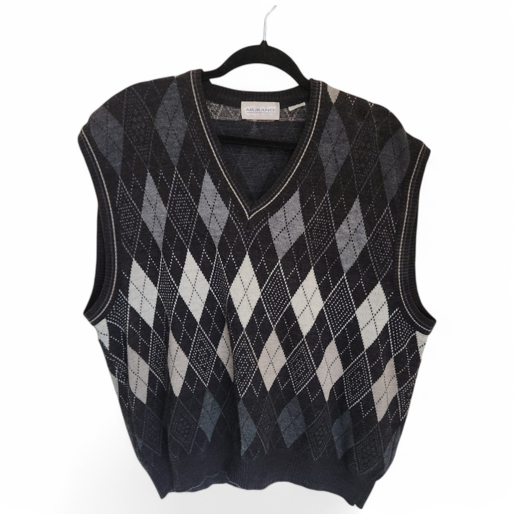 Vintage Murano Knit Vest Wool Blend XL Argyle Black V Neck‎ Sleeveless